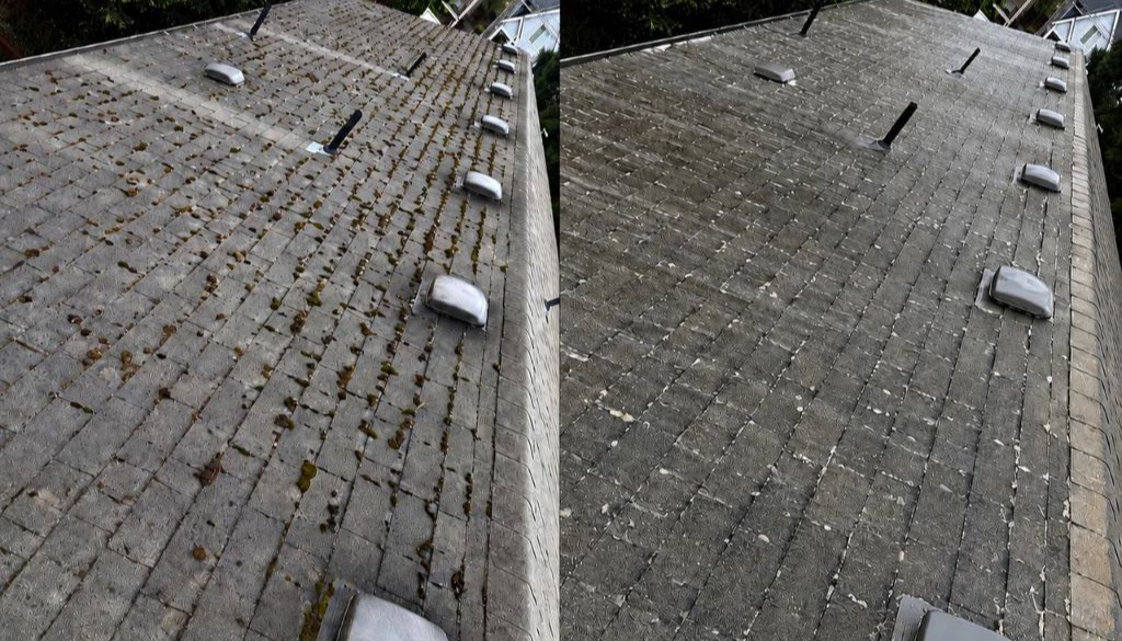 Before and after roof moss removal